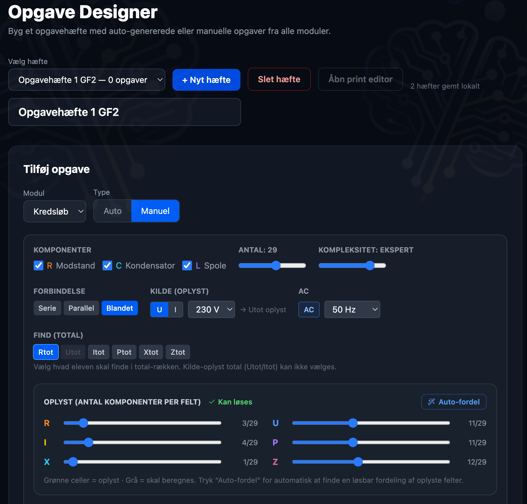 Opgave Designer med manuel opgaveopsætning, komponentvalg og fordelingsfelter